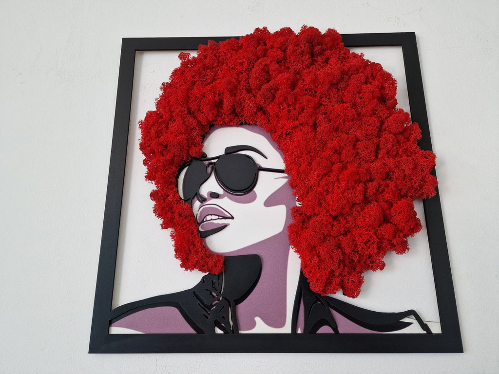 Tableau Végétal 3D – Silhouette Féminine avec Chevelure en Mousse Scandinave