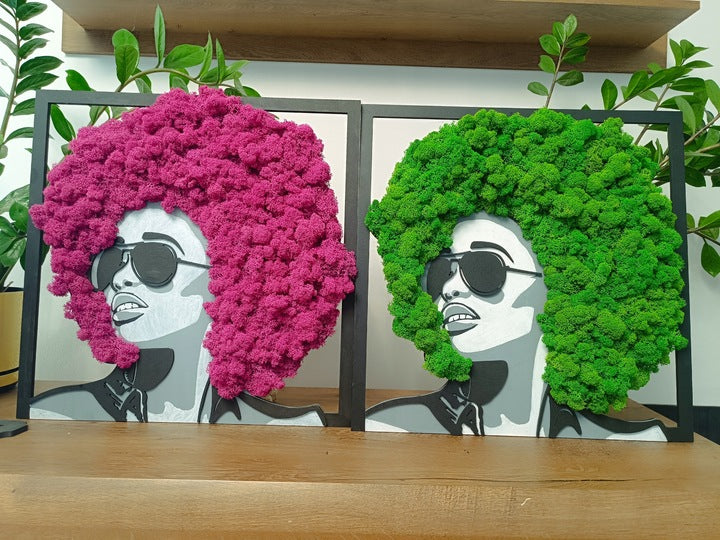 Tableau Végétal 3D – Silhouette Féminine avec Chevelure en Mousse Scandinave